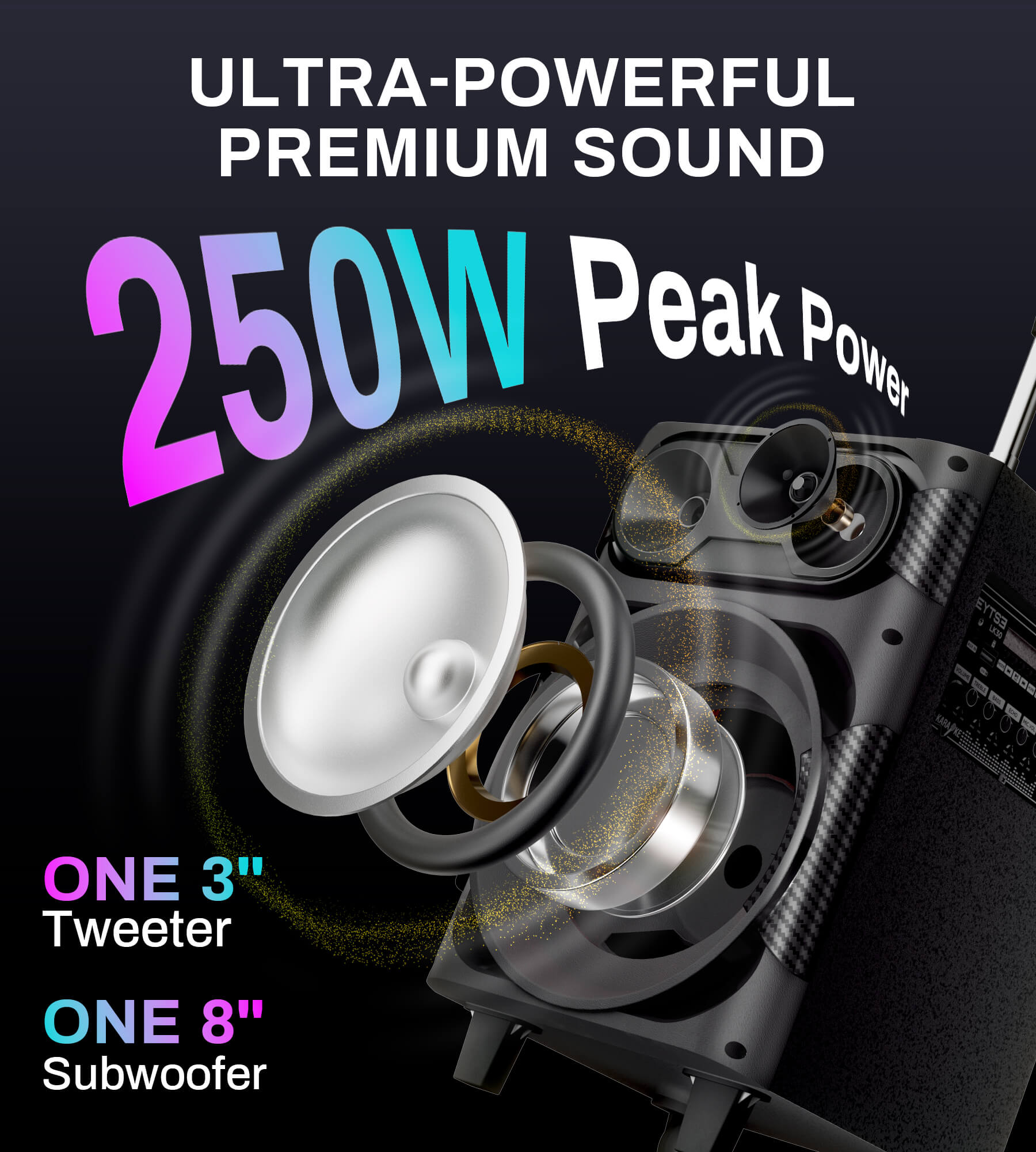 Eytse LK30 Karaoke Machine with 2 Wireless Microphones, Portable Big BT Party Speaker with 250W Peak Power