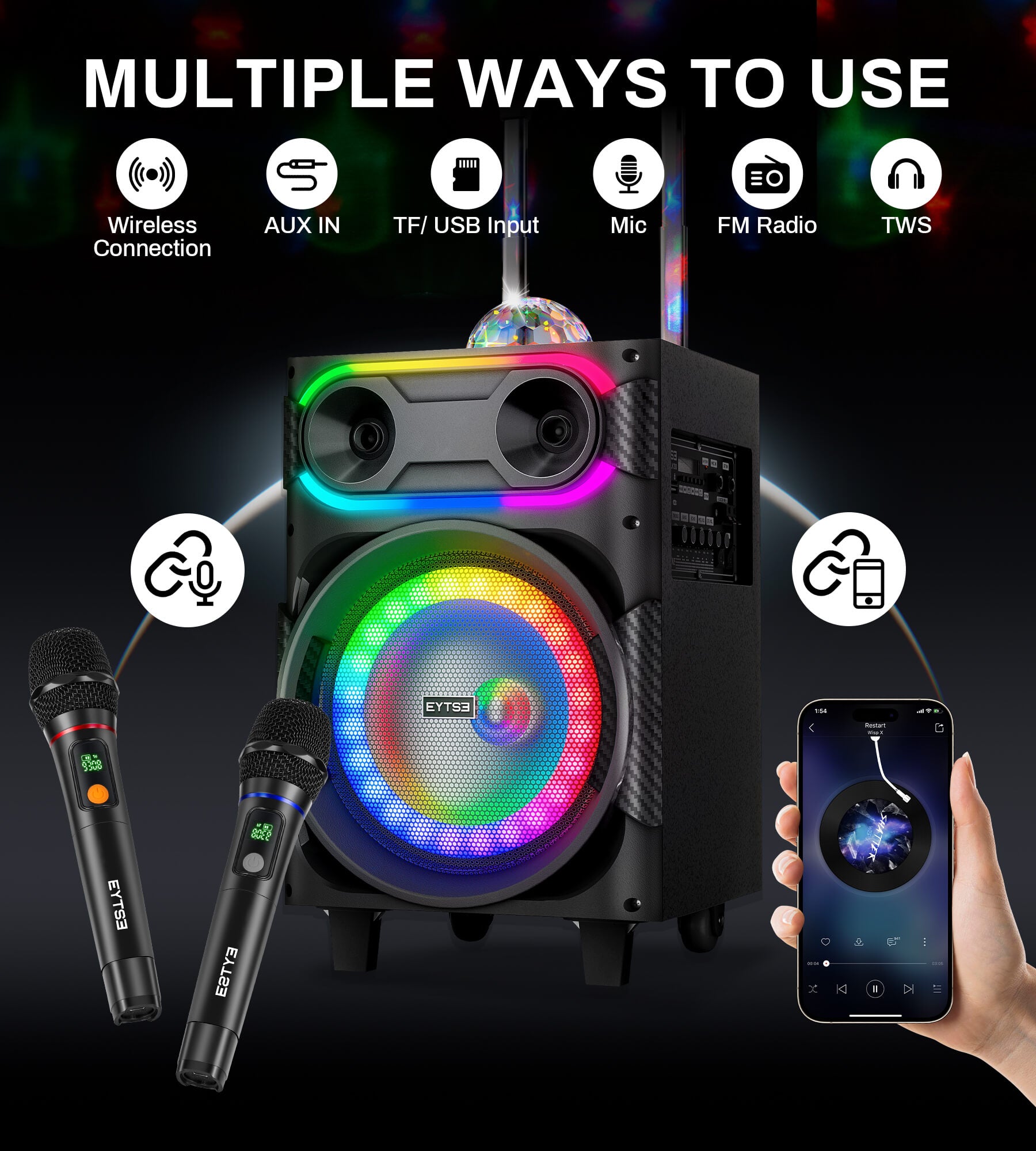 Eytse LK30 Karaoke Machine with 2 Wireless Microphones, Portable Big BT Party Speaker with 250W Peak Power
