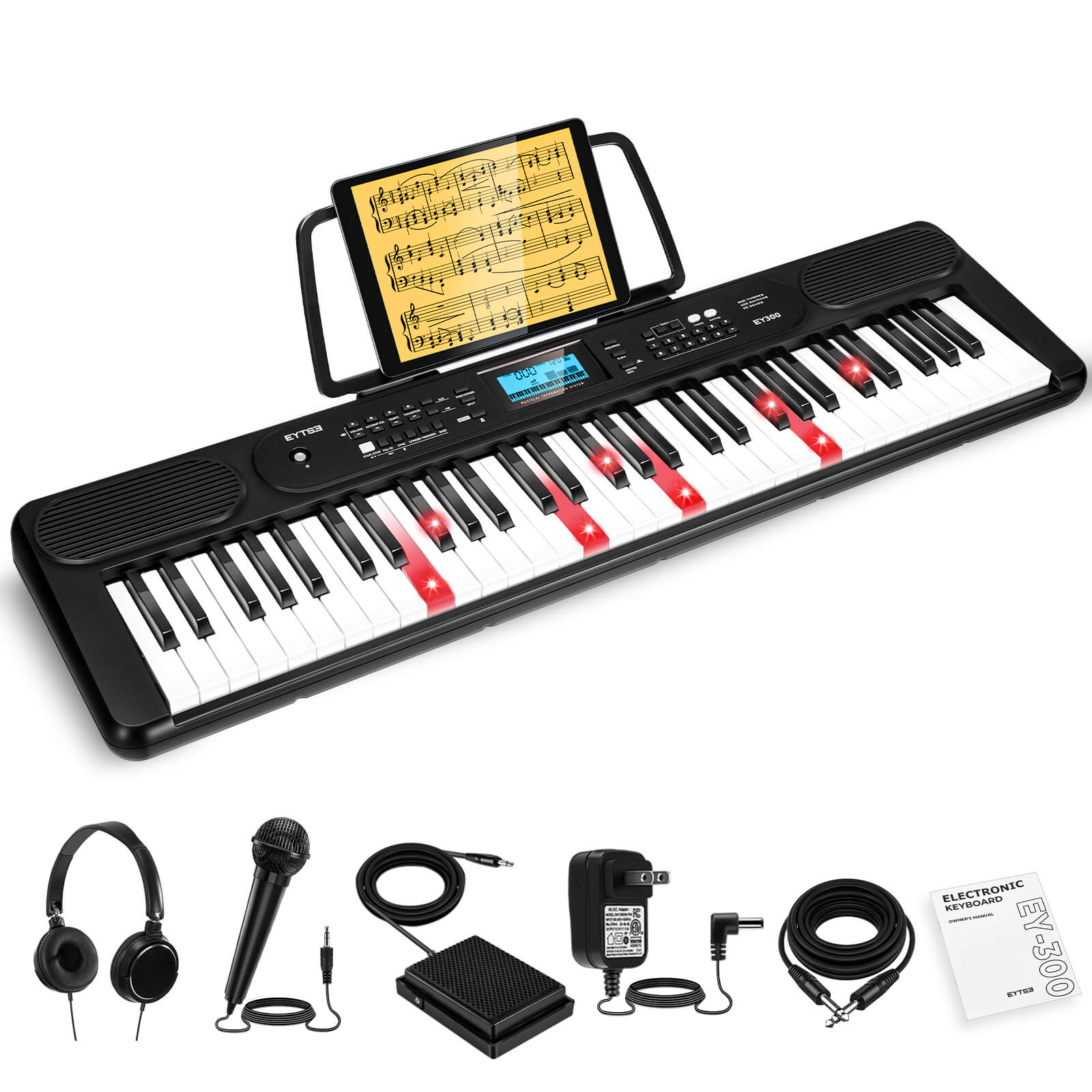 Eytse EY300 61 Key Keyboard Piano Beginners Electric Keyboard Set Lighted Full Size Keys