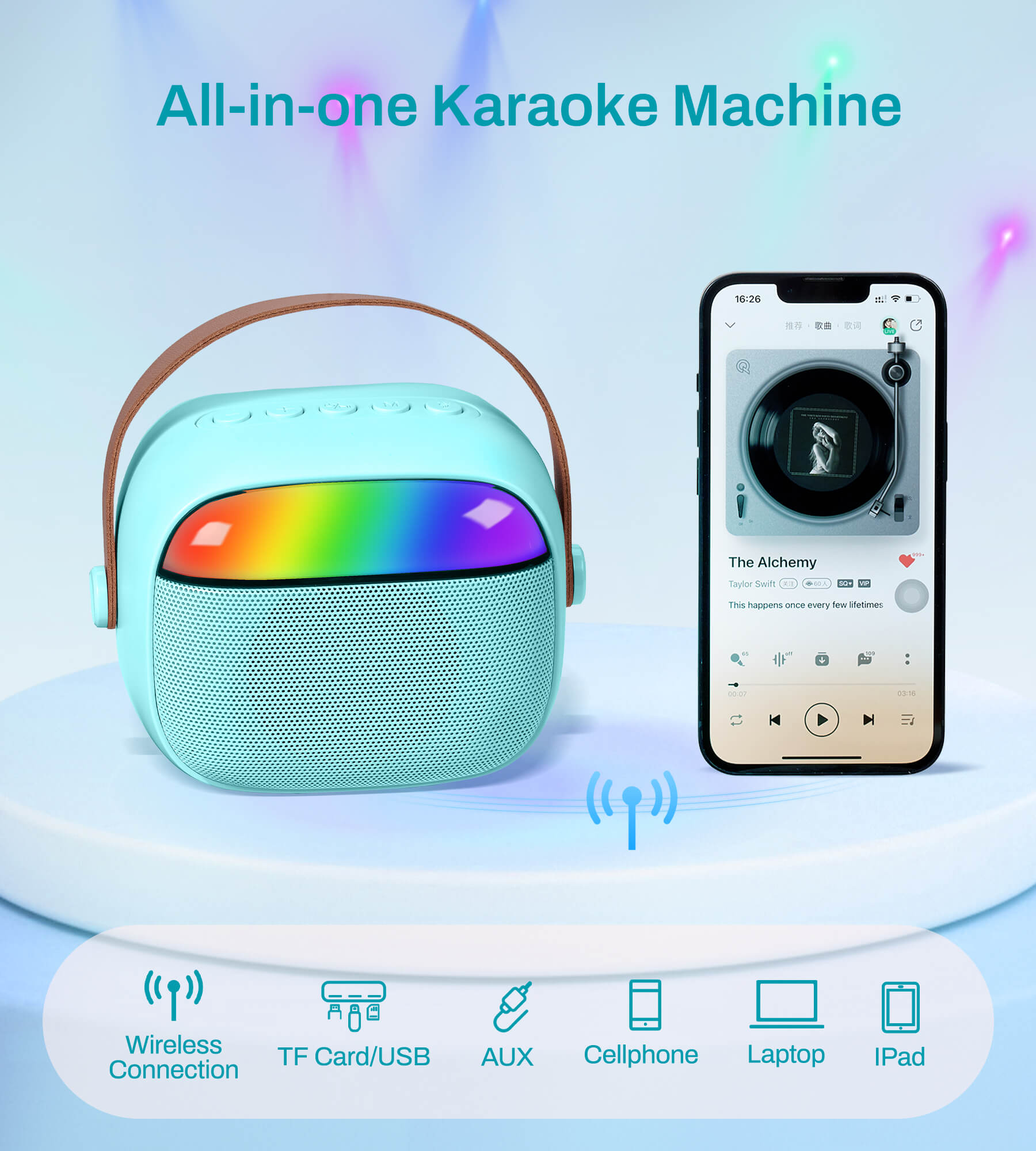 Eytse K30 Mini Karaoke Machine Portable Karaoke Singing Speaker with 2 Wireless Microphones Blue