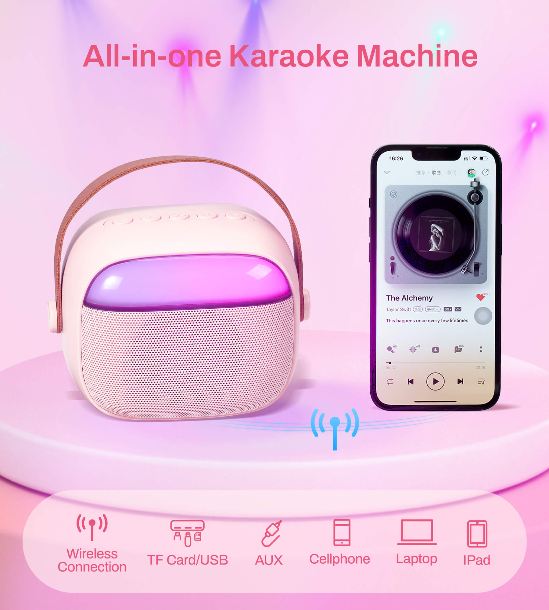 Eytse K30 Mini Karaoke Machine Portable Karaoke Singing Speaker with 2 Wireless Microphones Pink