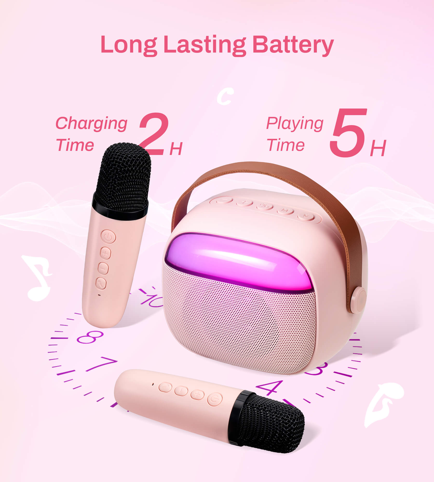 Eytse K30 Mini Karaoke Machine Portable Karaoke Singing Speaker with 2 Wireless Microphones Pink
