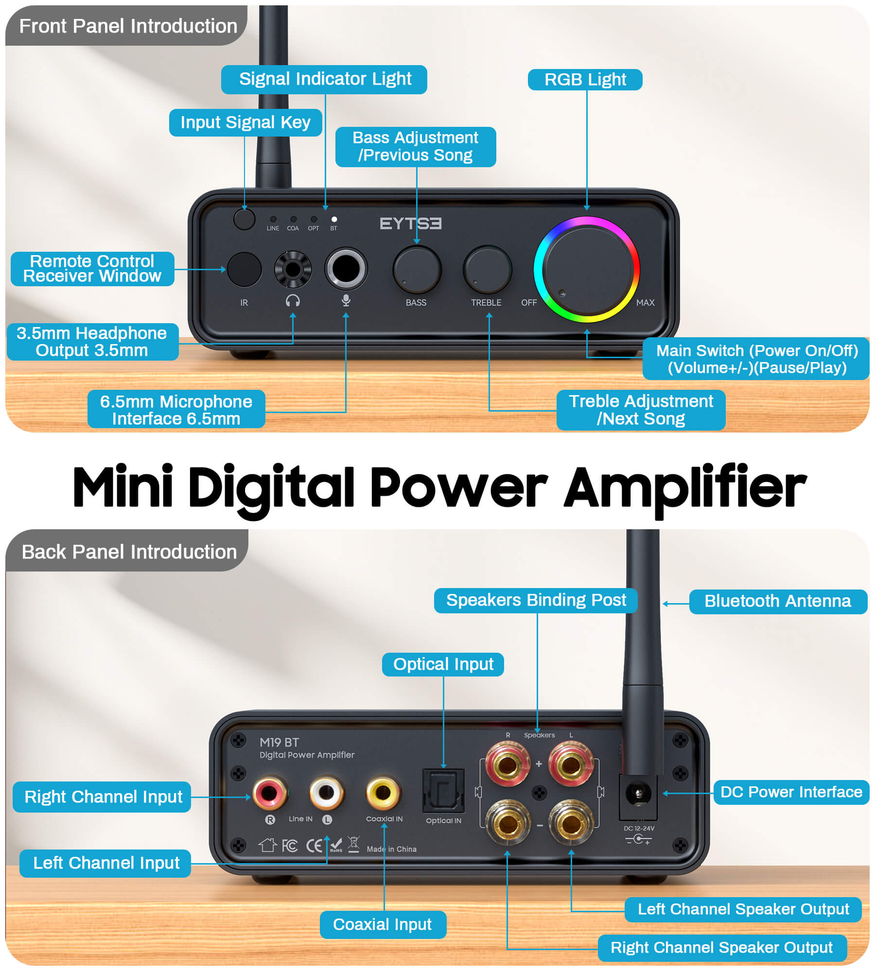 Stereo Amplifier HiFi Class D Audio Receiver Amp 100Wx2 2.1 Channel Digital Amplifier Home Audio TPA3116, w/RCA/Optical/Coaxial/Mic Input for Home Outdoor Passive Speaker/Active Speaker