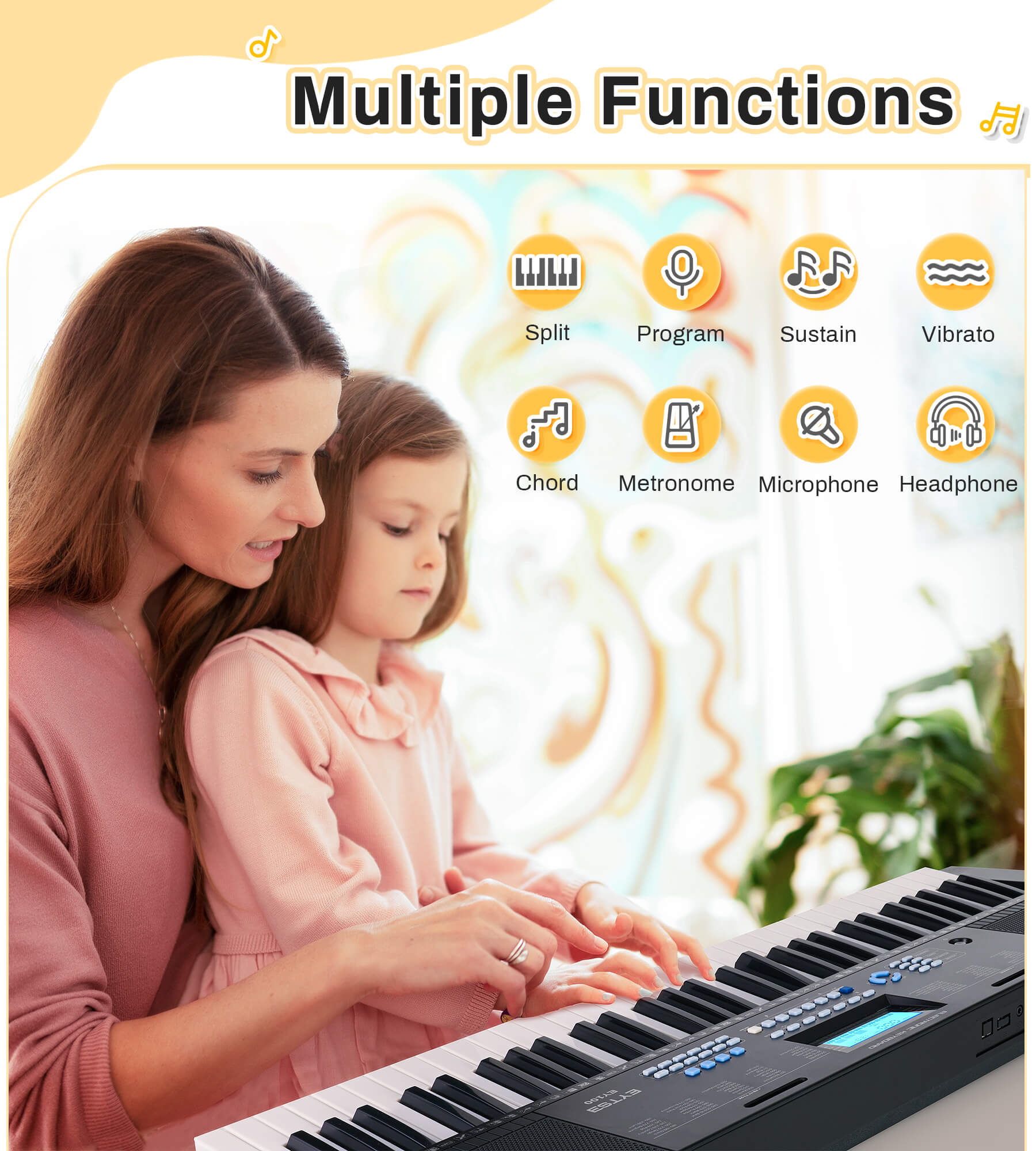 Eytse EY100 61 Key Keyboard Piano, Beginners Electric Piano Keyboard with 350 Tones, 350 Rhythms, 30 Demos, 3 Teaching Modes Black