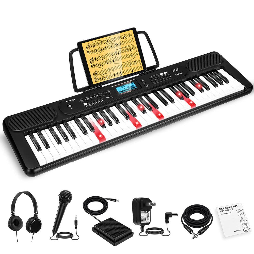 Eytse EY300 61 Key Keyboard Piano, Beginners Electric Keyboard Set, Lighted Full Size Keys