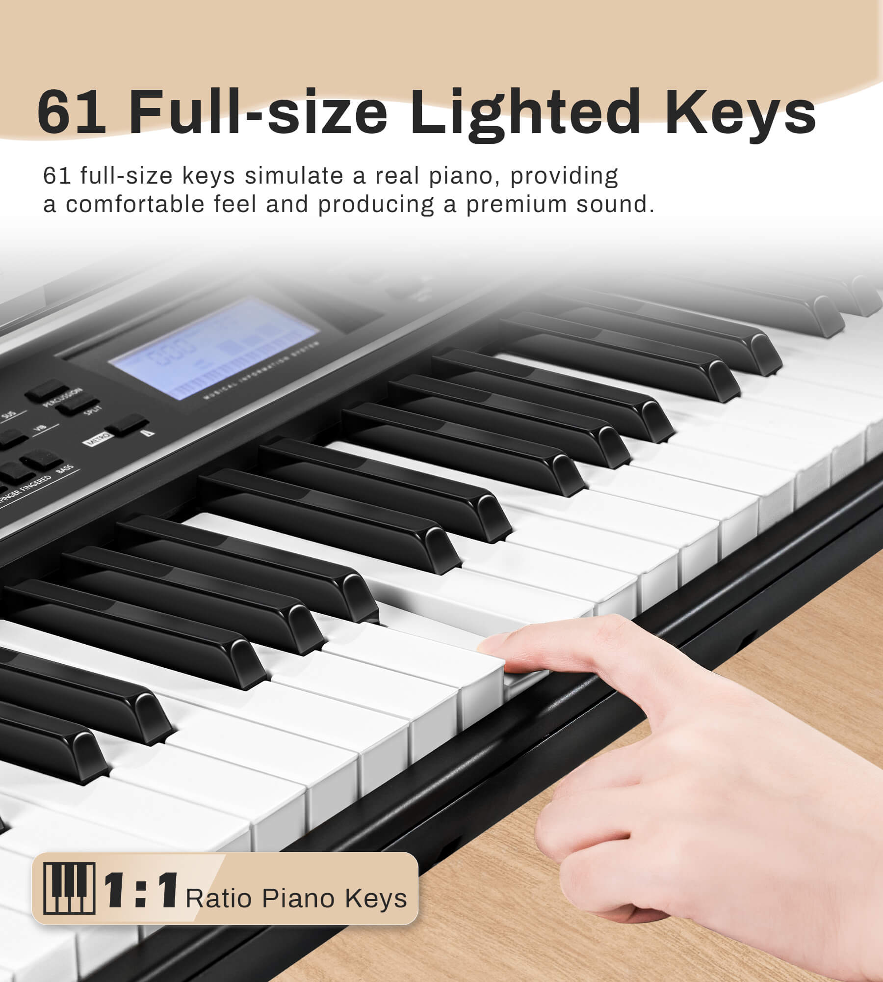 Eytse EY300 61 Key Keyboard Piano, Beginners Electric Keyboard Set, Lighted Full Size Keys