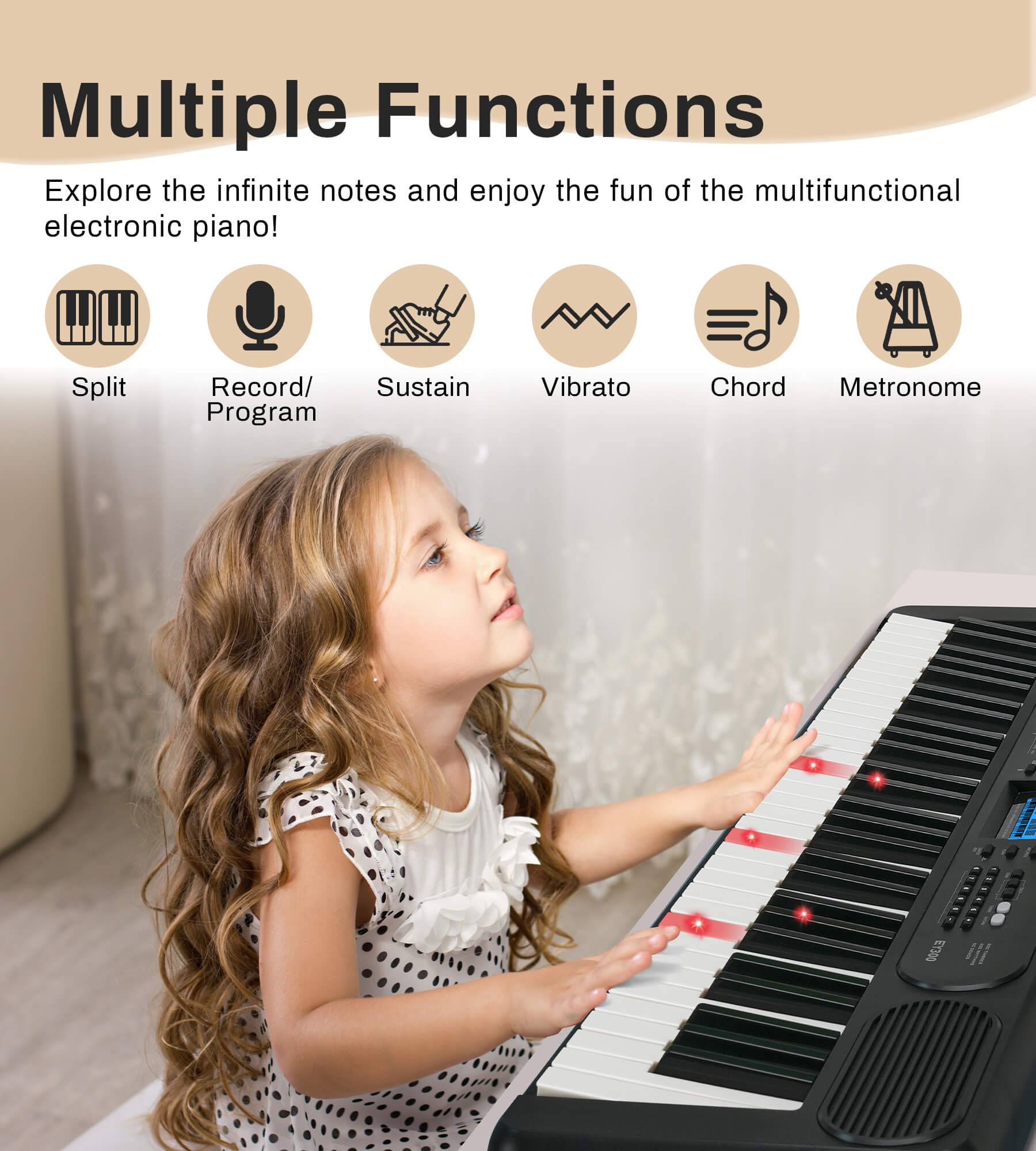 Eytse EY300 61 Key Keyboard Piano, Beginners Electric Keyboard Set, Lighted Full Size Keys