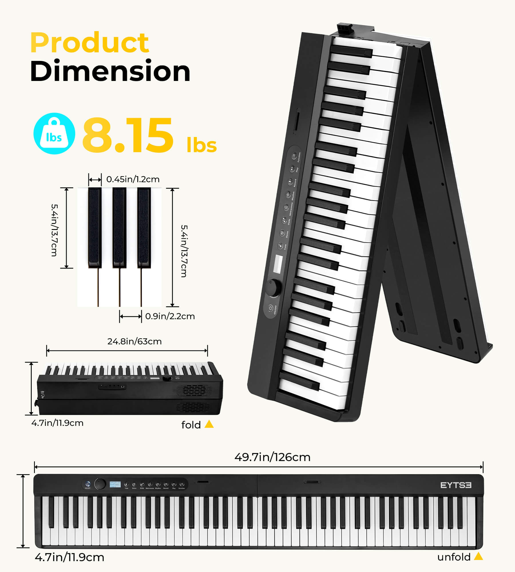 Eytse EY800 Folding Piano 88 Key Semi-Weighted Foldable Keyboard