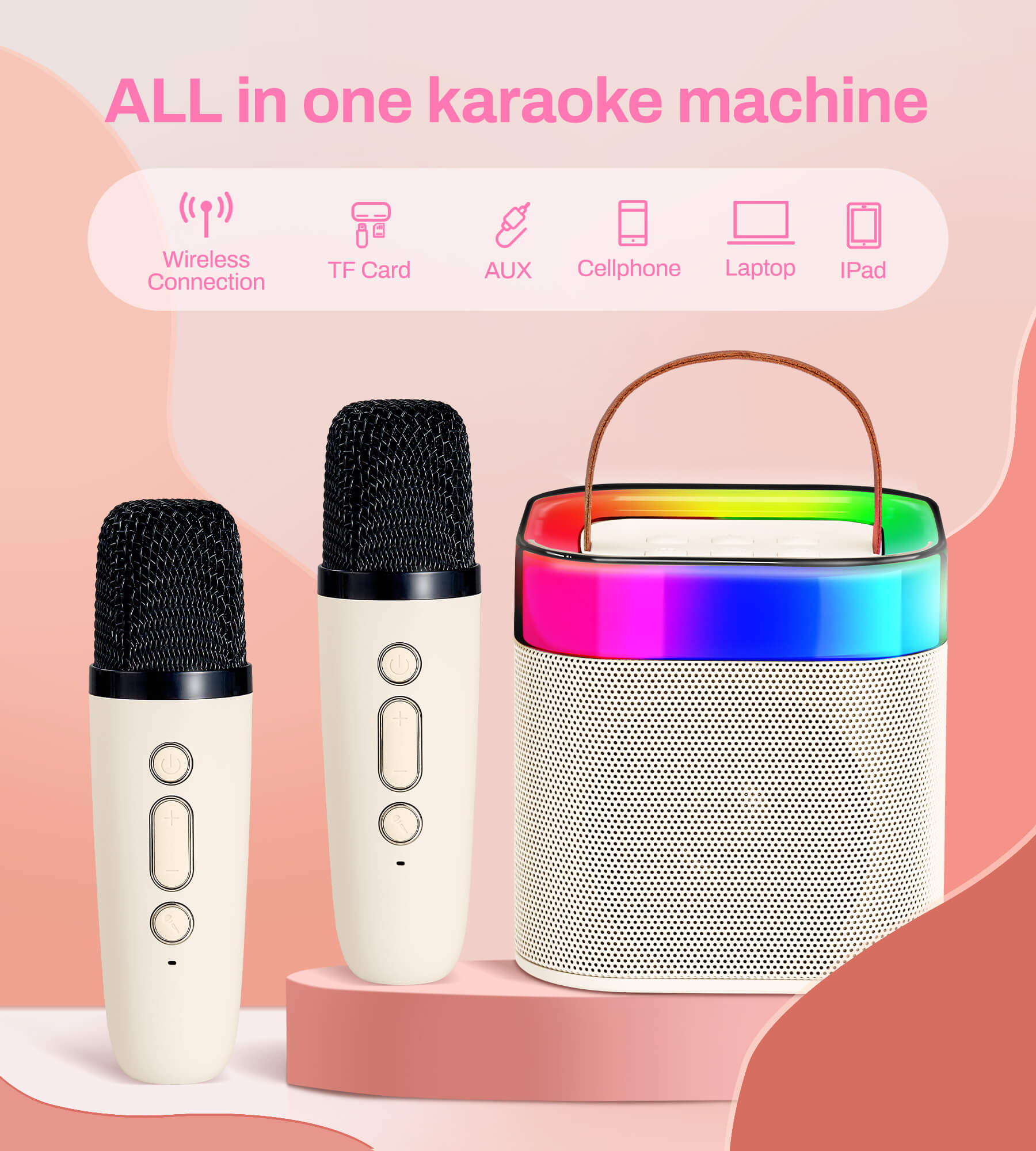 Eytse K23 Mini Karaoke Machine, Portable Karaoke Speaker with 2 Wireless Mics and Lights White