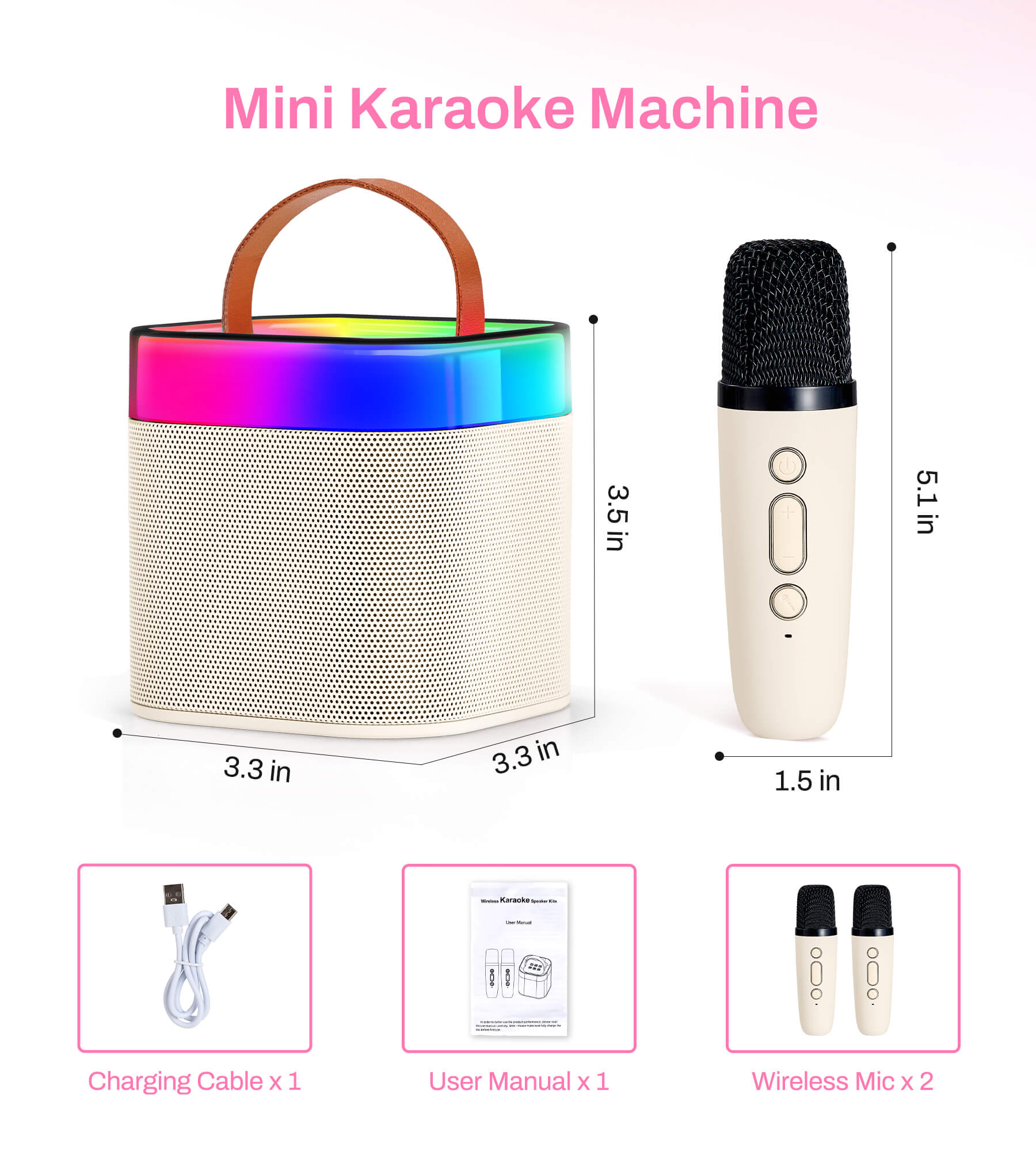 Eytse K23 Mini Karaoke Machine, Portable Karaoke Speaker with 2 Wireless Mics and Lights White