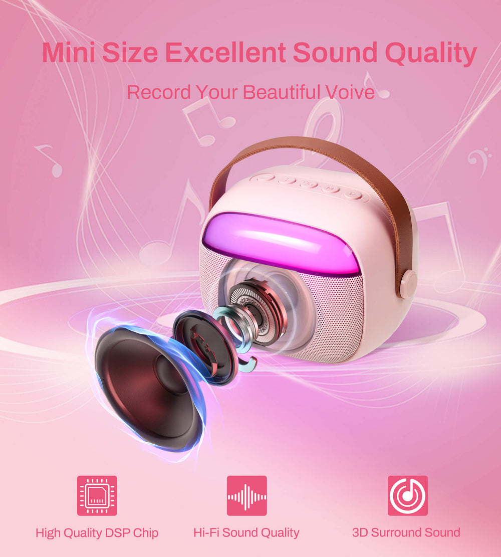 Eytse K30 Mini Karaoke Machine Portable Karaoke Singing Speaker with 2 Wireless Microphones Pink