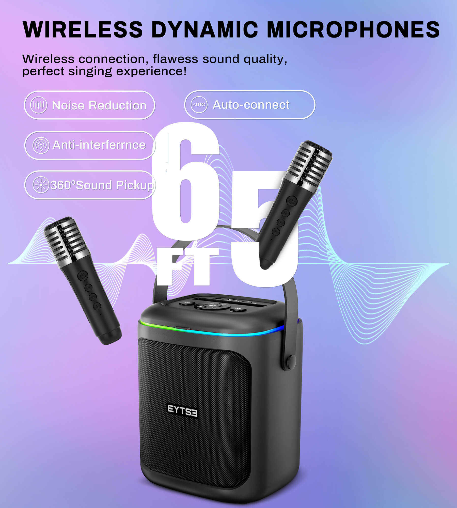 Eytse TK20 Portable Karaoke Machine with 2 Wireless Microphones and Foldable Light Ring